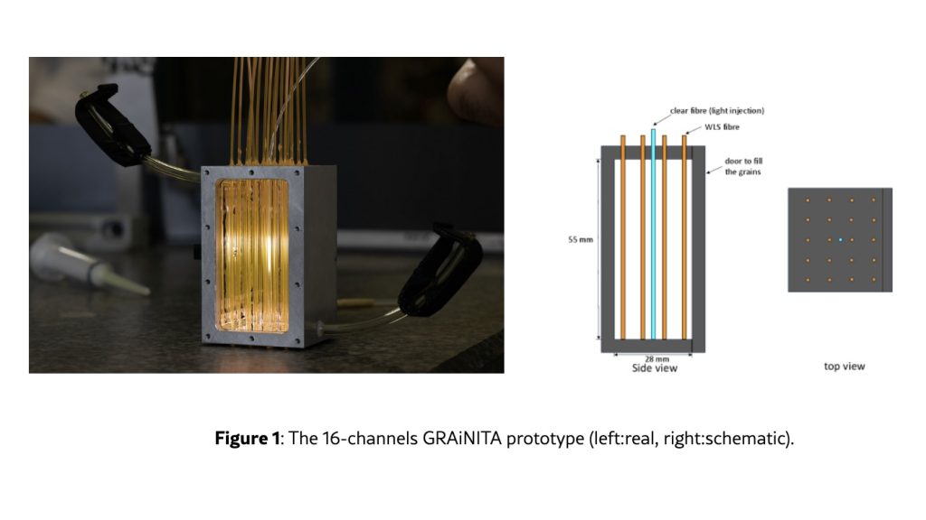 The 16-channels GRAiNITA prototype (left:real, right:schematic)